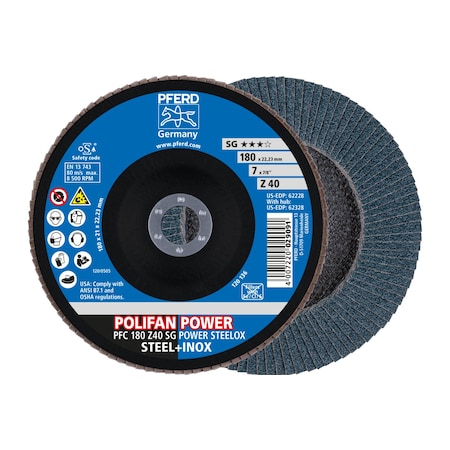 Pferd 7" x 7/8" A.H. POLIFAN Flap Disc - Z SG POWER STEELOX, Zirconia, 40 Grit, Conical 62228